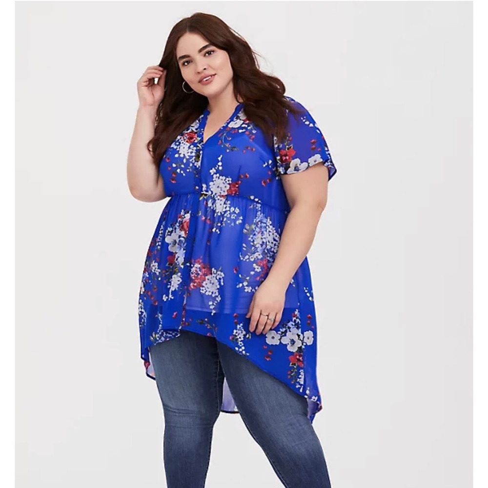 Torrid Blue Floral Chiffon Hi-Lo Tunic
